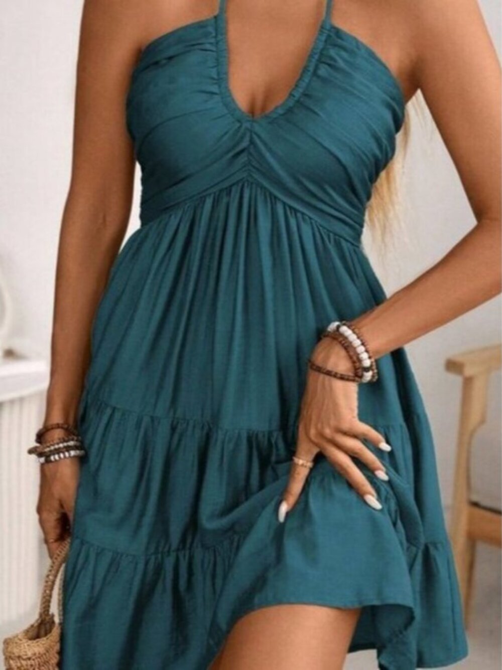 Teal Blue Boho Women's Bamboo Knit Tiered Dress with Adjustable Halter